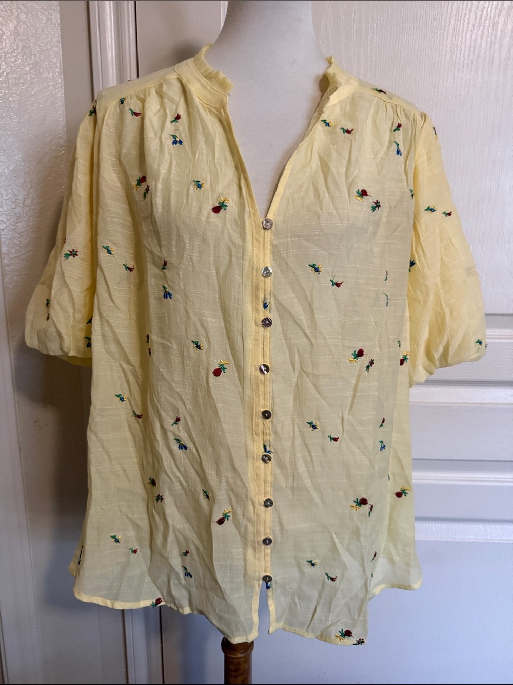 fig and flower Yellow Embroidered Button-Front Top Sz 2X
